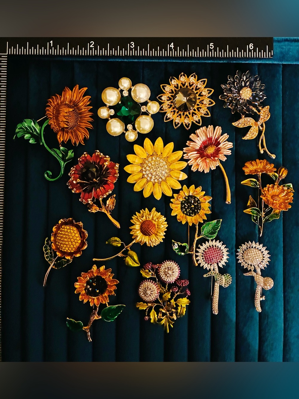 Lot of 15 Pieces Sunflower Daisy Brooch Pin Lot Floral Enamel Rhinestone